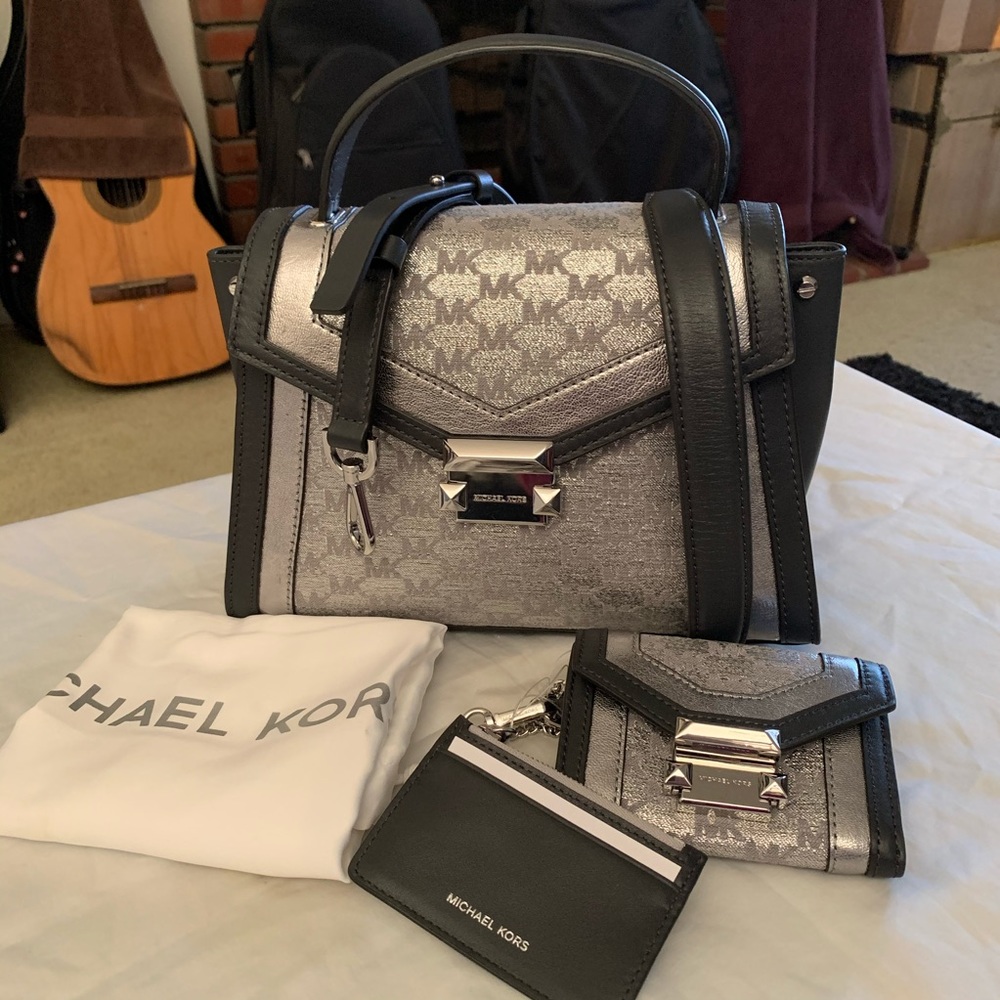 MK Whitney Metallic Logo Jacquard Satchel & Wallet